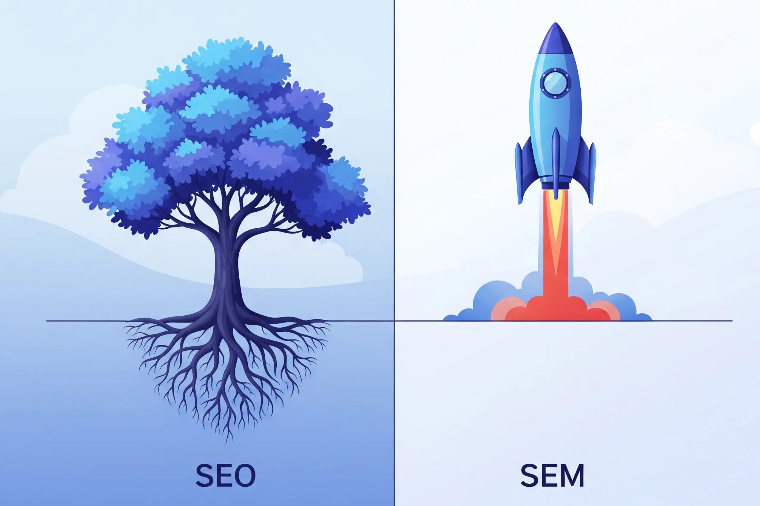 Ilustración que representa el SEO como un árbol de crecimiento orgánico y el SEM como un cohete de impulso rápido.