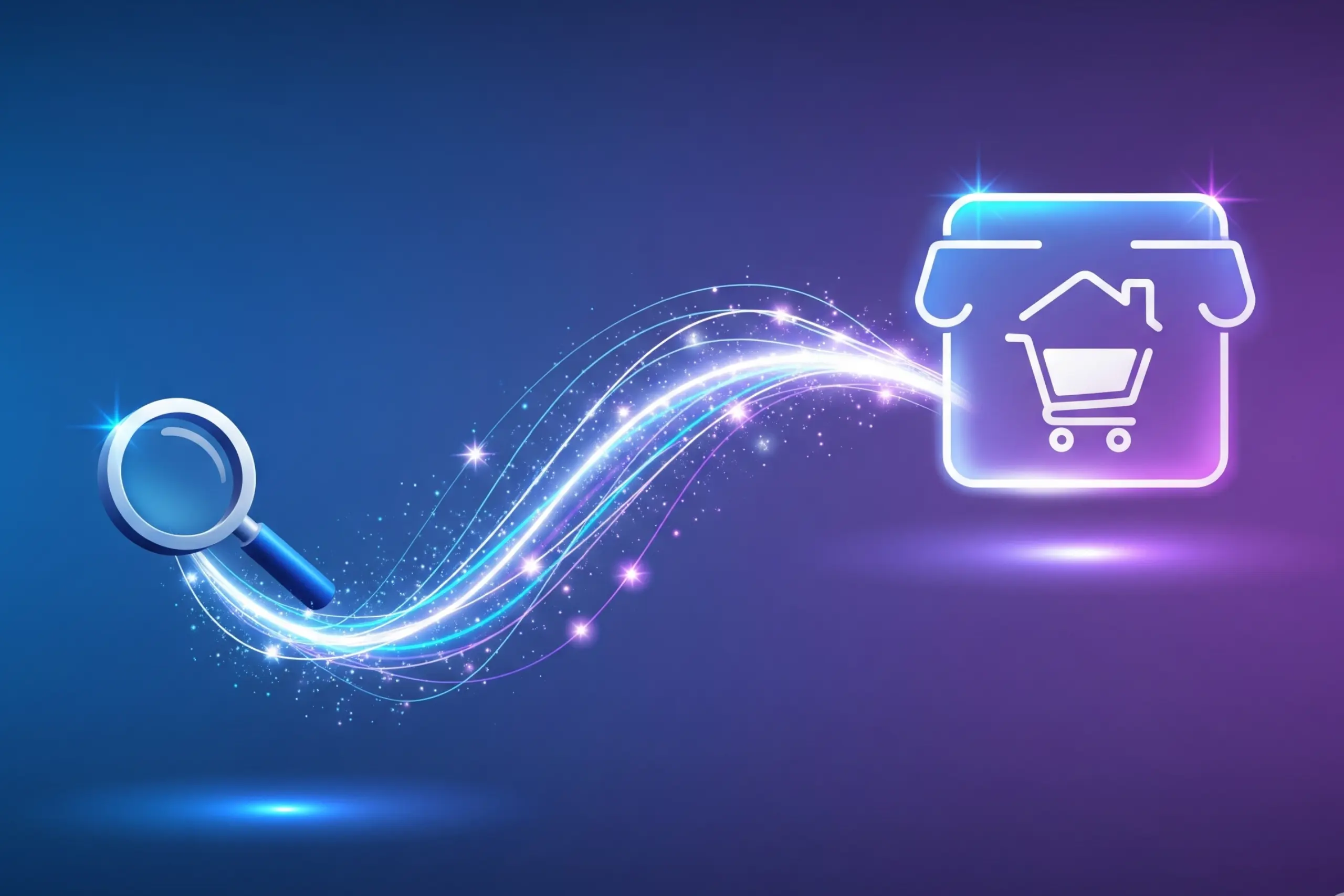 Ilustración que muestra cómo el SEO, representado por una lupa, crea un camino para guiar a los clientes hacia una página web.