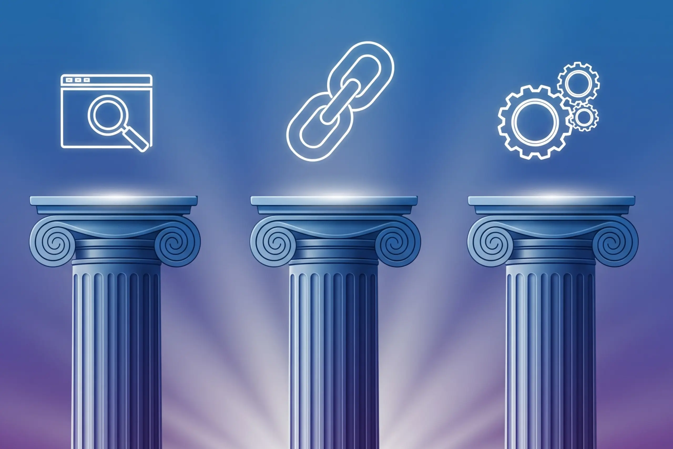 Ilustración de tres pilares que representan los fundamentos del SEO: SEO On-Page (lupa sobre una página), SEO Off-Page (eslabones de cadena) y SEO Técnico (engranajes).