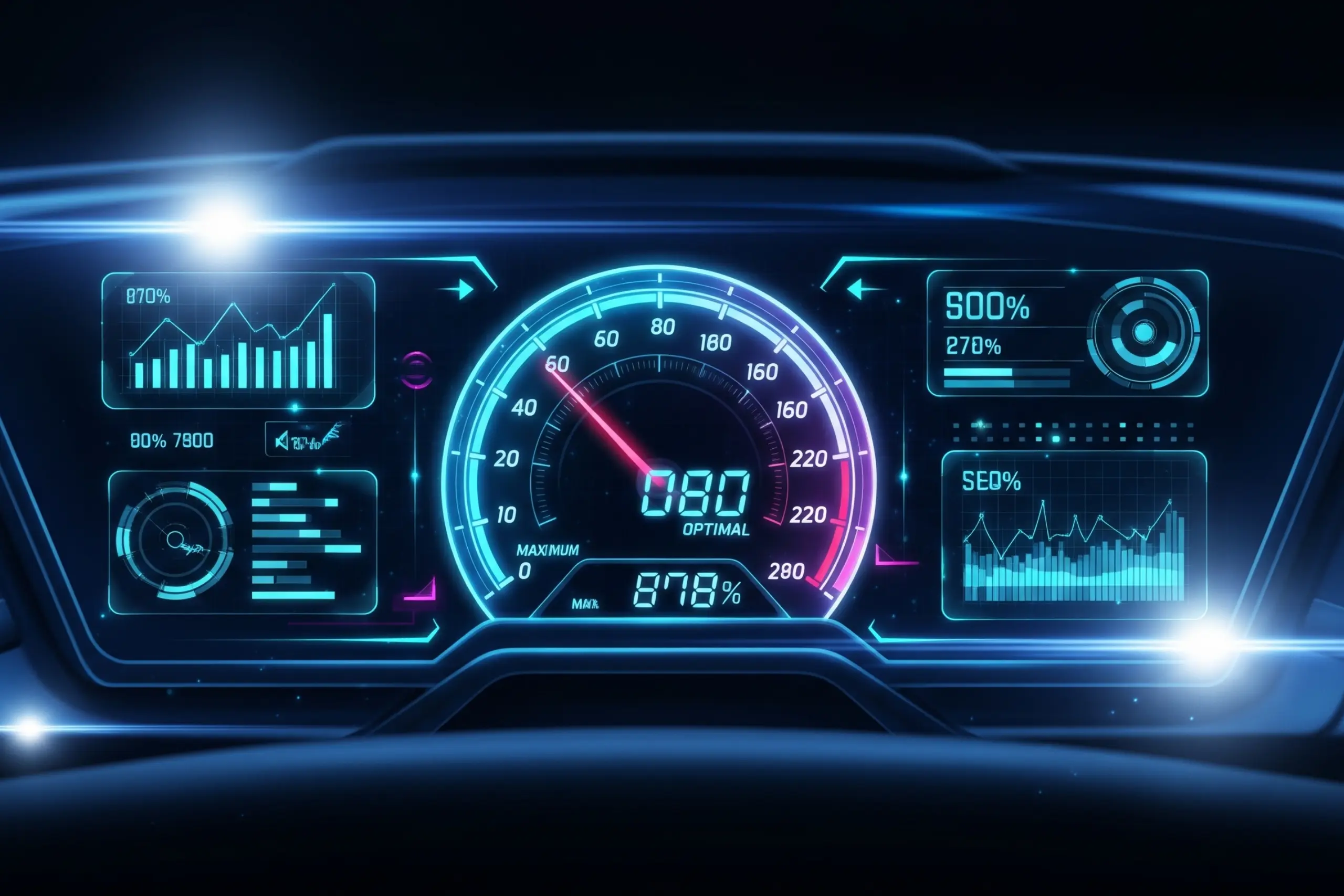 Ilustración de un salpicadero tecnológico con un velocímetro al máximo, representando la importancia de la velocidad de carga y los Core Web Vitals para el SEO.