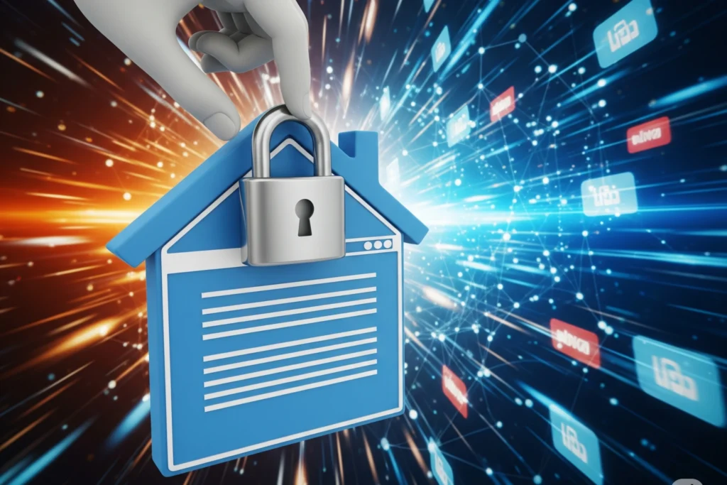 Mano instalando un candado de seguridad (SSL) en una casa que representa un sitio web, con un fondo digital que simula el internet. Simboliza la protección y seguridad online.