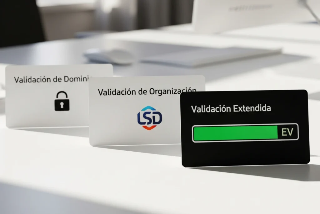 Fotografía de tres tarjetas representando los tipos de certificado SSL: Validación de Dominio (DV), Validación de Organización (OV) y Validación Extendida (EV) en español.