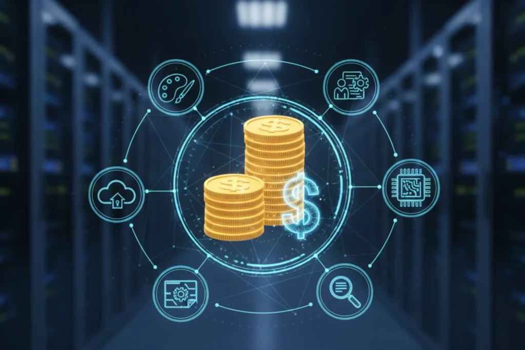 Ilustración conceptual de los principales factores que influyen en el costo de un sitio web, representados por iconos alrededor de pilas de monedas y un símbolo de dólar en el centro, con un fondo de servidores.