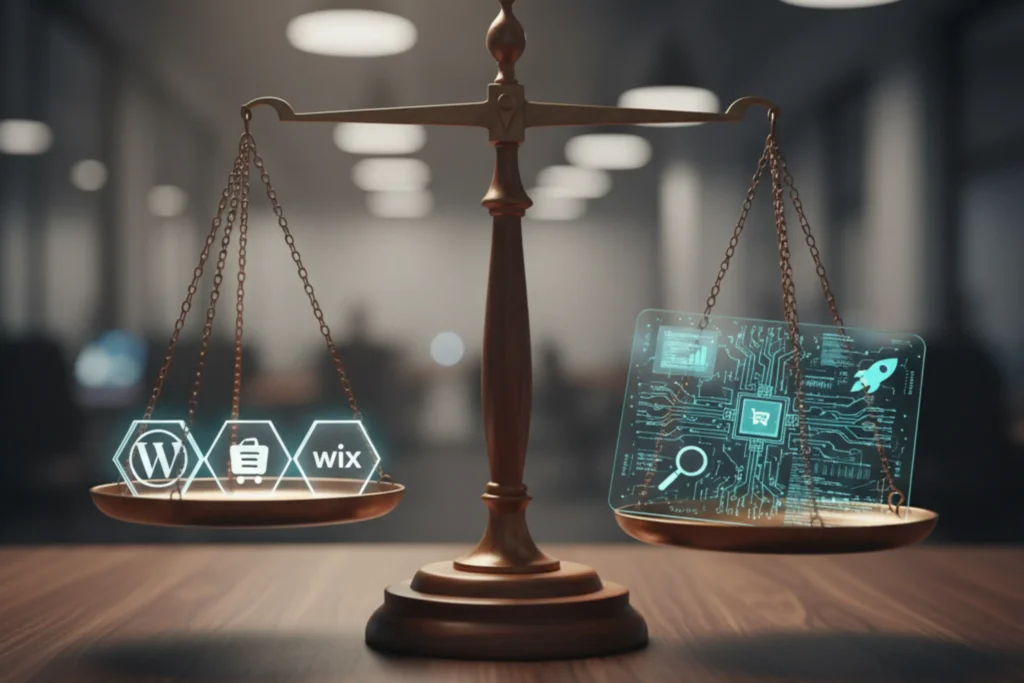 Una balanza de la justicia con dos platillos. En el platillo izquierdo, tres hexágonos con los logos de WordPress, un carrito de compras (Shopify) y Wix. En el platillo derecho, una placa de circuito transparente con iconos digitales como un carrito de compras, una lupa y un cohete, representando el desarrollo web a medida. Todo sobre una mesa de madera en un entorno de oficina.