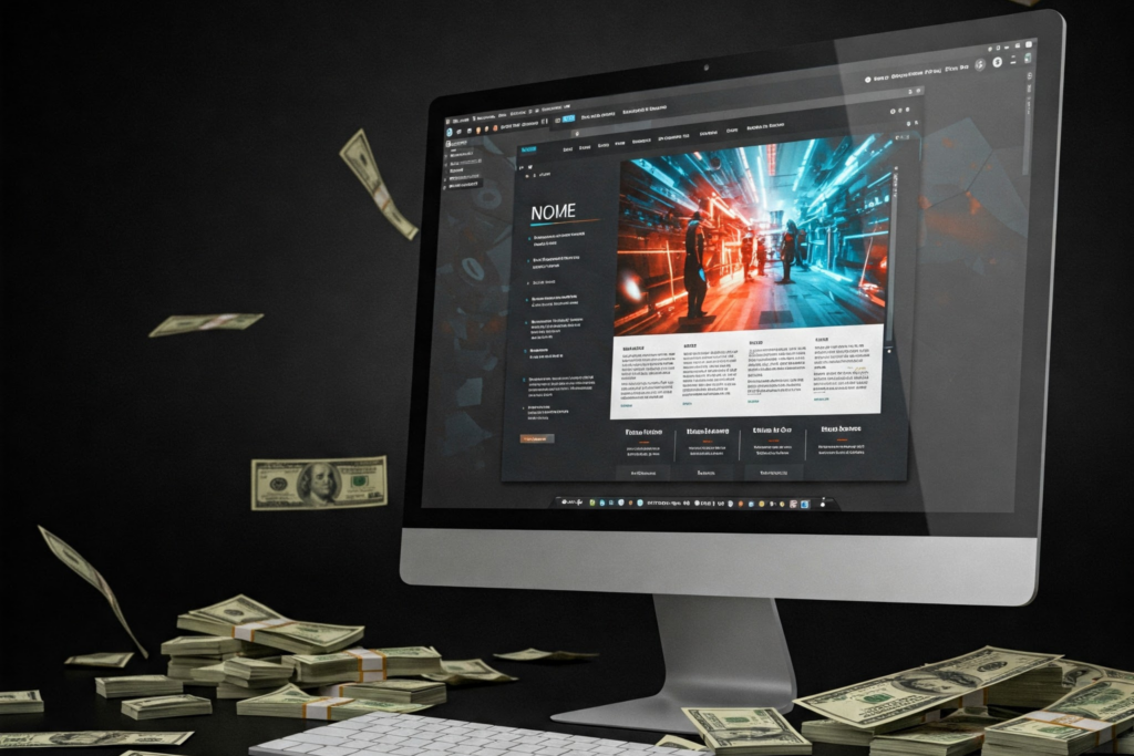 Imagen de una computadora mostrando una página web con billetes de dólar, representando el costo de hacer una página web en Estados Unidos