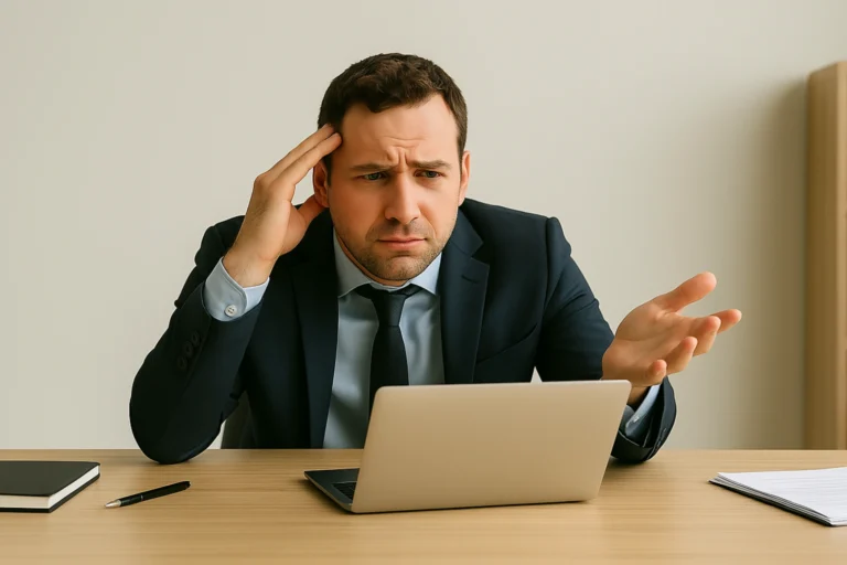 Empresario preocupado frente a su laptop con el texto ¿Qué pasa si una empresa no tiene un sitio web? mostrando la importancia de tener presencia online para un negocio.