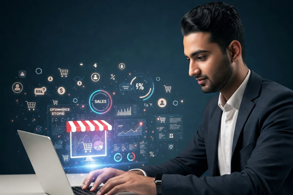 Emprendedor analizando datos y estadísticas en una tienda online, con gráficos y métricas de ventas, enfocado en optimizar su tienda digital para aumentar las ventas.