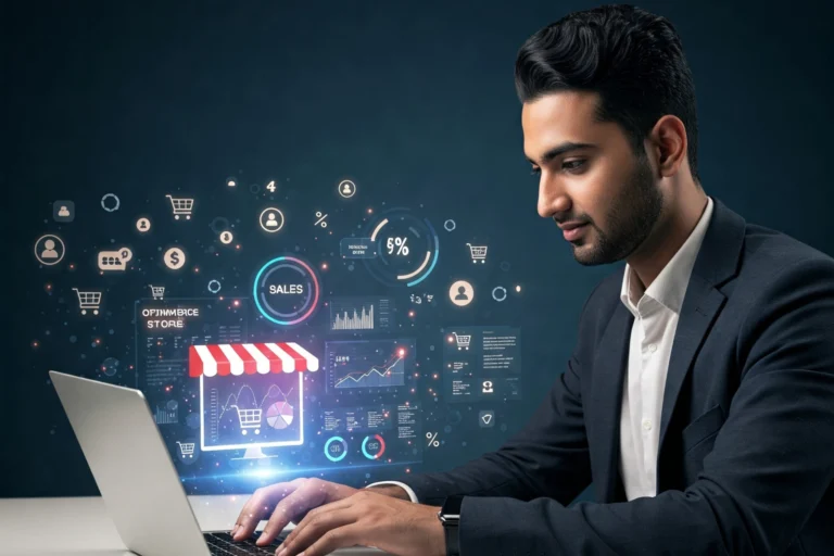 Emprendedor analizando datos y estadísticas en una tienda online, con gráficos y métricas de ventas, enfocado en optimizar su tienda digital para aumentar las ventas.