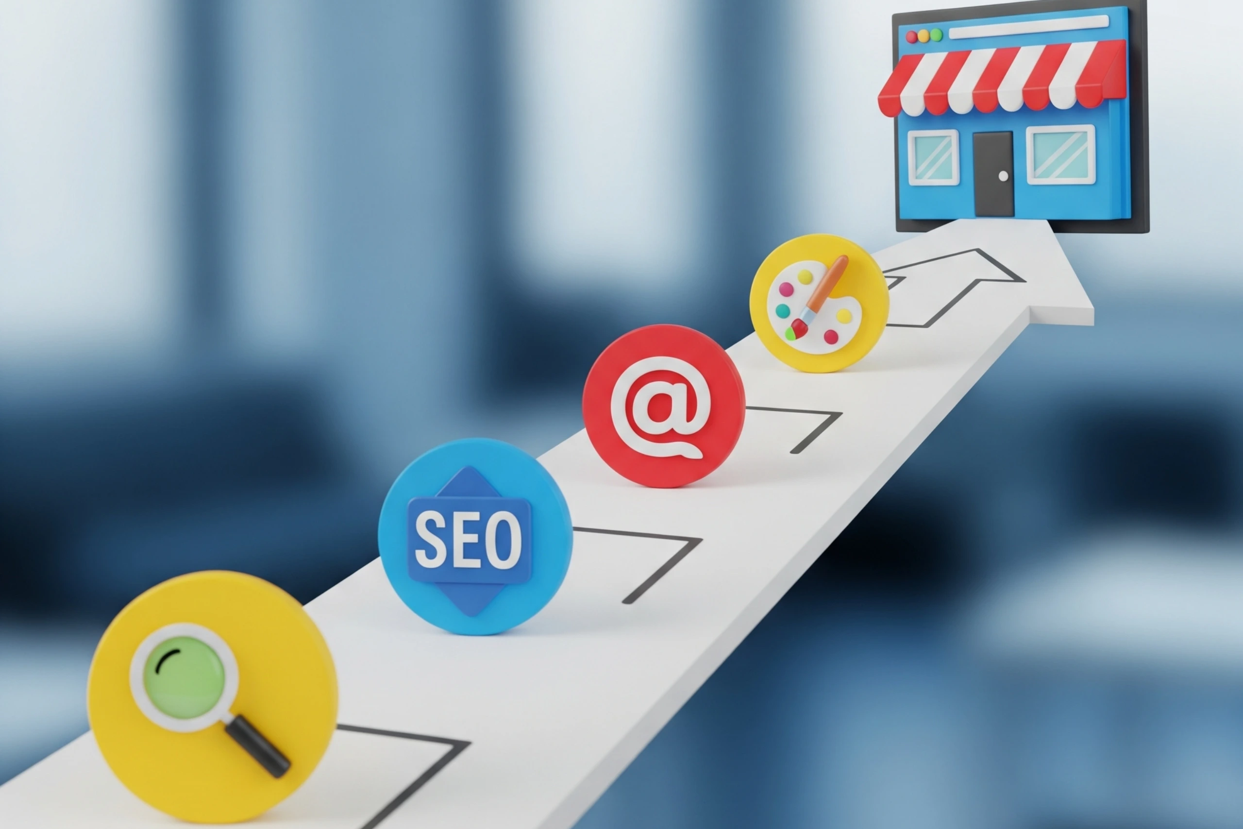 Camino ascendente hacia una tienda online exitosa, con iconos de SEO, redes sociales y diseño.