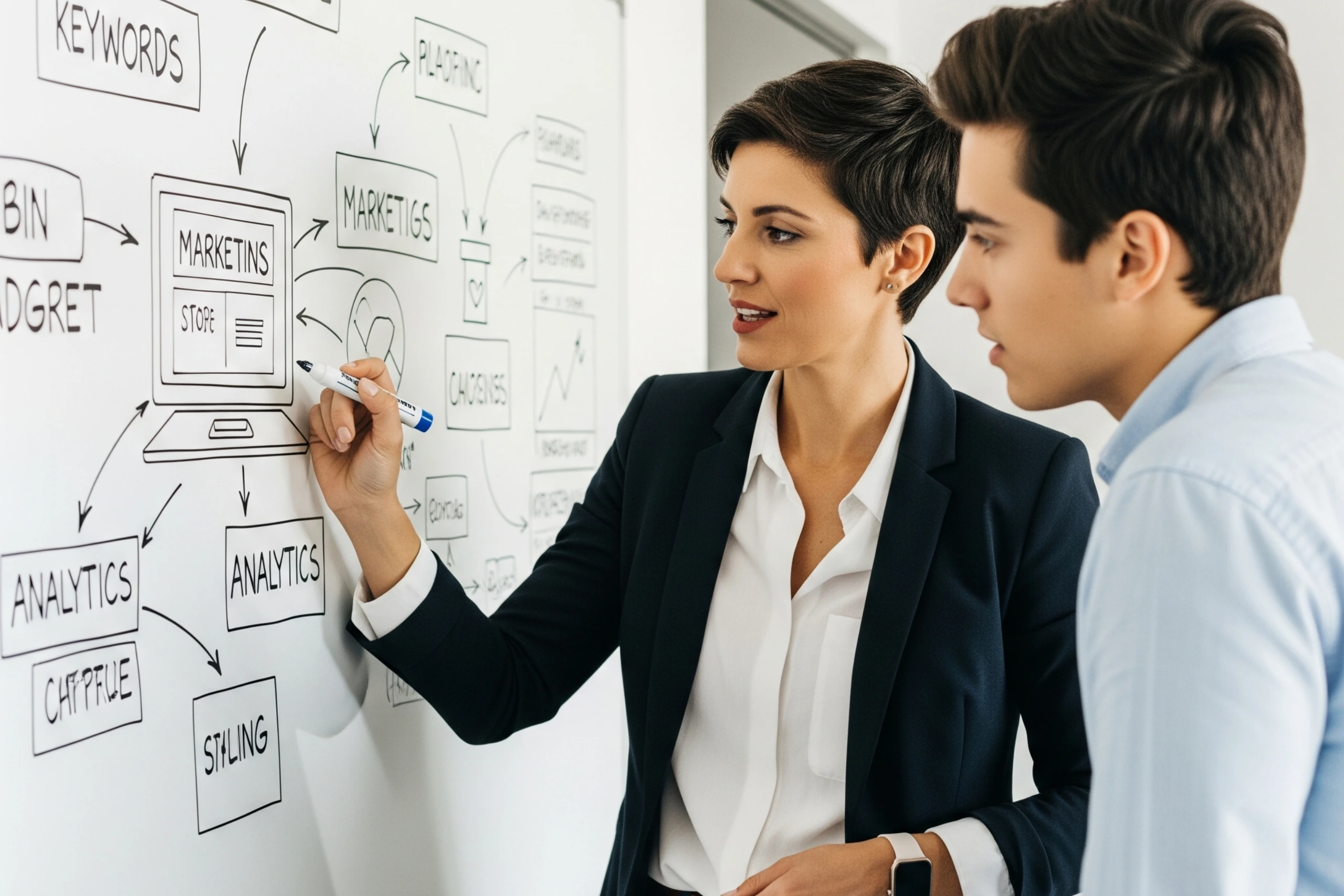 Experta en ecommerce guiando a cliente con estrategias para su tienda online
