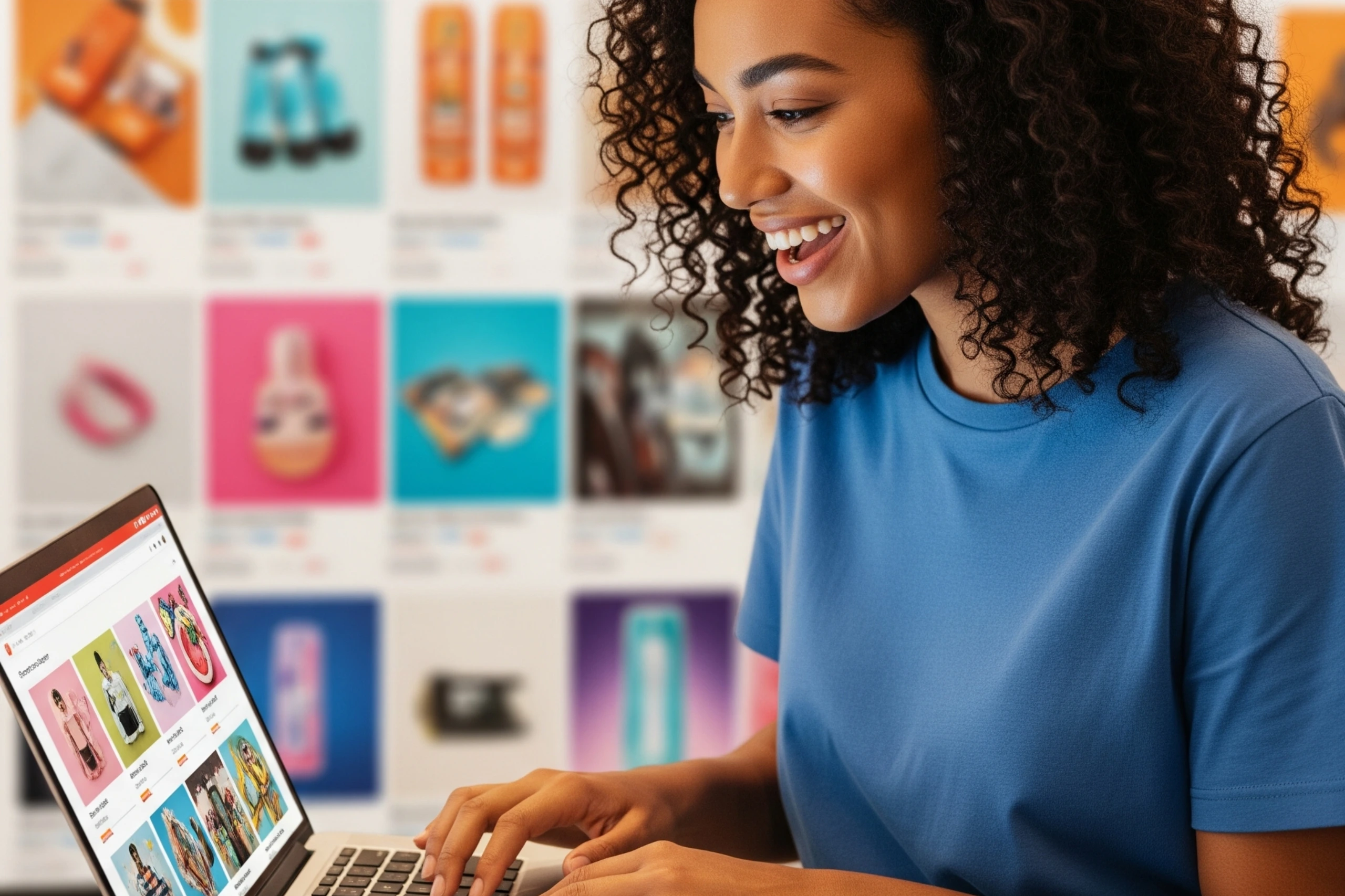 Mujer feliz comprando en una vibrante tienda online desde su laptop