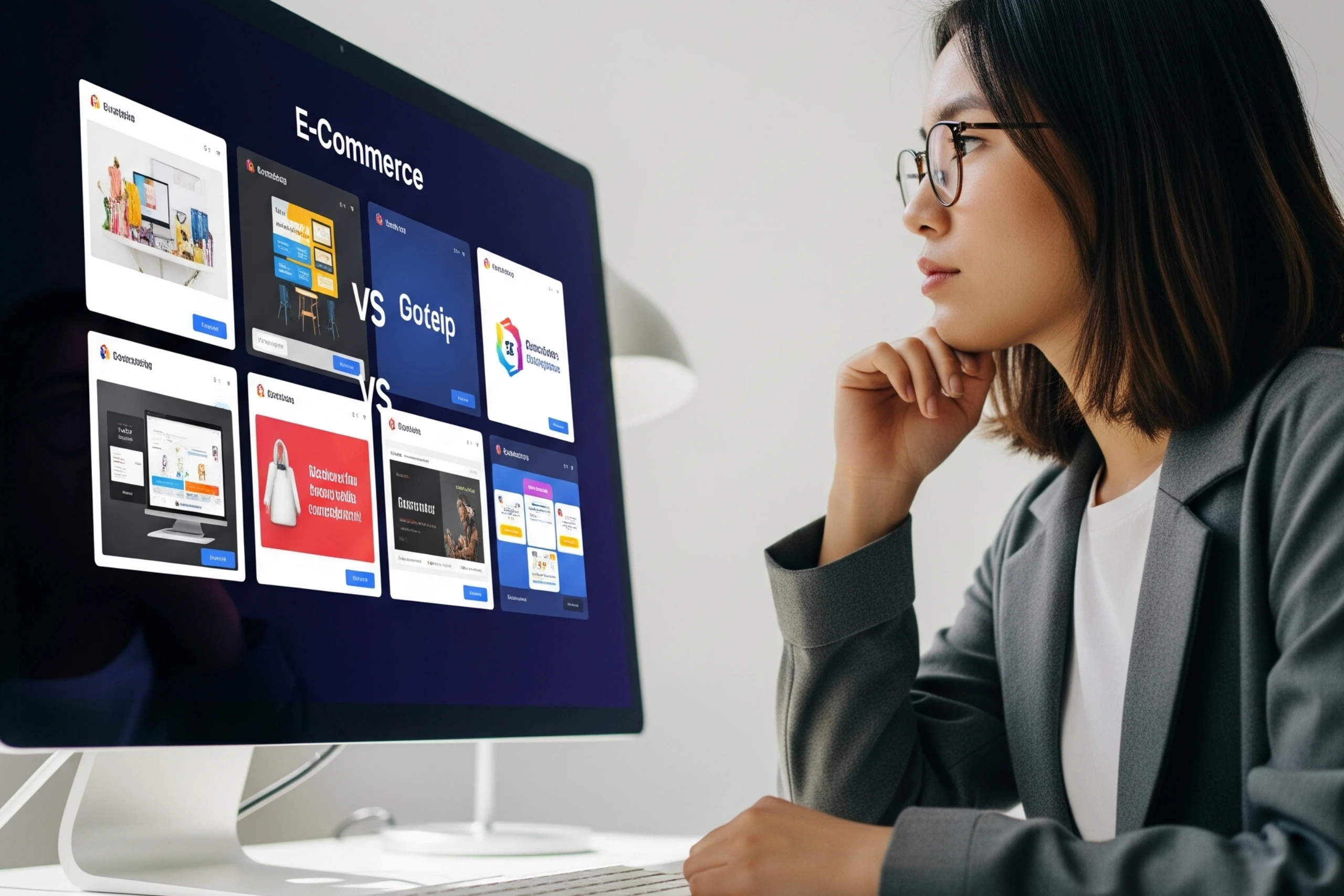 Persona comparando diferentes plataformas de ecommerce en una pantalla para elegir la adecuada