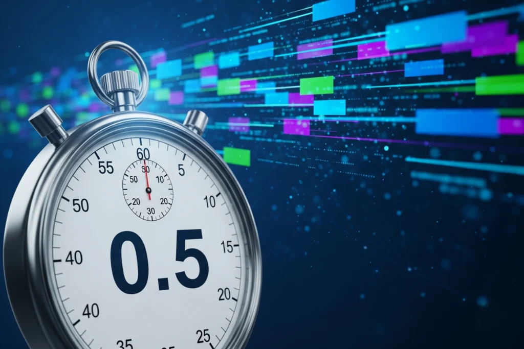 Imagen de alta tecnología mostrando un cronómetro con un tiempo de carga rápido, rodeado de elementos visuales de datos y velocidad, simbolizando la eficiencia en el procesamiento de información.
