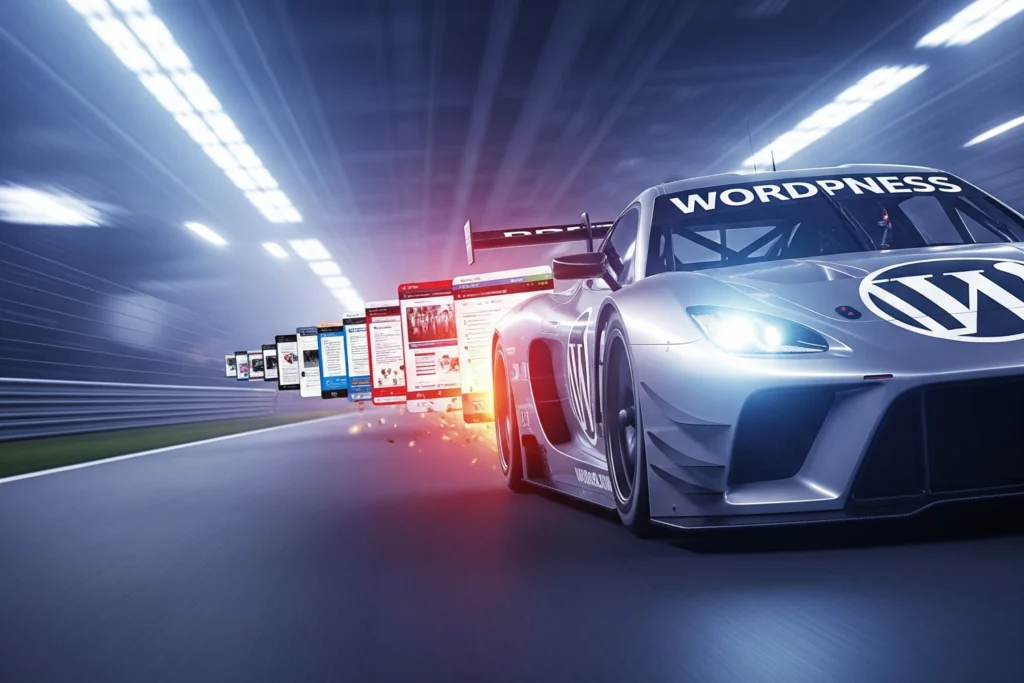 Un coche de carreras rápido que representa un sitio de WordPress optimizado, adelantando a vehículos más lentos que simbolizan sitios web no optimizados