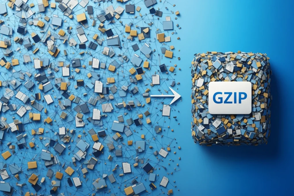 Una imagen que muestra una gran cantidad de archivos dispersos que se transforman en un paquete más pequeño y compacto, simbolizando la compresión de datos mediante GZIP