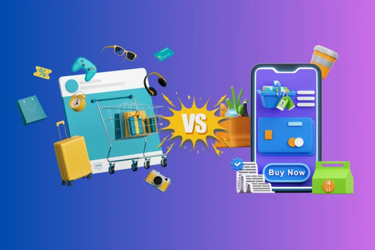 Representación 3D que compara un ecommerce (simbolizado por una página web con un carrito de compras lleno y elementos individuales como una maleta, cámara y auriculares) con un marketplace (simbolizado por un teléfono móvil mostrando una interfaz de compra con un carrito, tarjeta de crédito y botón "Comprar ahora"). El texto "VS" destaca la contraposición entre ambos modelos de venta online.