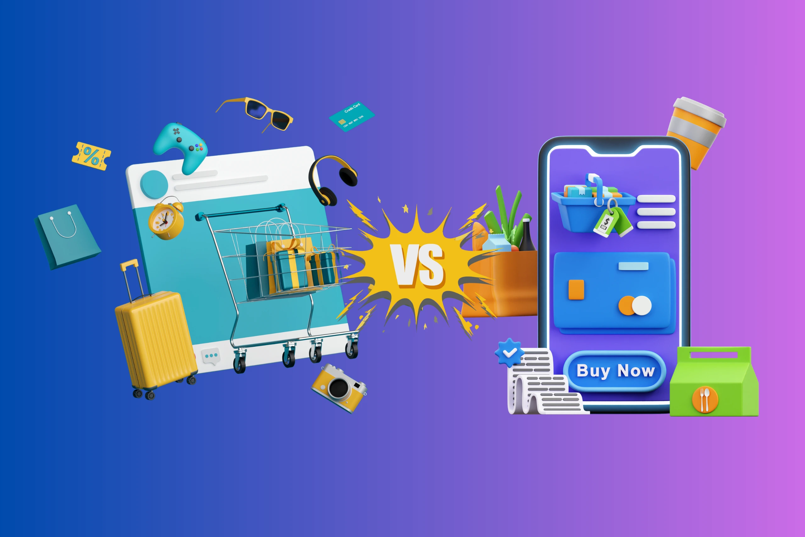 Representación 3D que compara un ecommerce (simbolizado por una página web con un carrito de compras lleno y elementos individuales como una maleta, cámara y auriculares) con un marketplace (simbolizado por un teléfono móvil mostrando una interfaz de compra con un carrito, tarjeta de crédito y botón "Comprar ahora"). El texto "VS" destaca la contraposición entre ambos modelos de venta online.