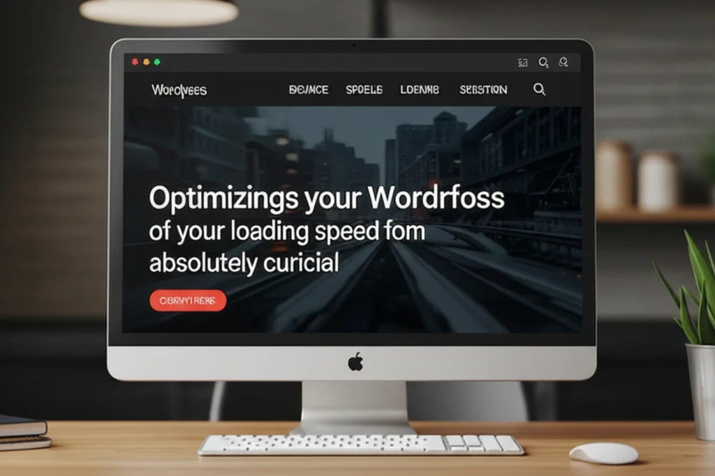 Un monitor de escritorio Apple iMac mostrando una página web de WordPress con un diseño moderno. La pantalla tiene texto que destaca la importancia de optimizar la velocidad de carga. El monitor está sobre un escritorio de madera en una oficina o estudio, con una planta y otros elementos de oficina borrosos al fondo.