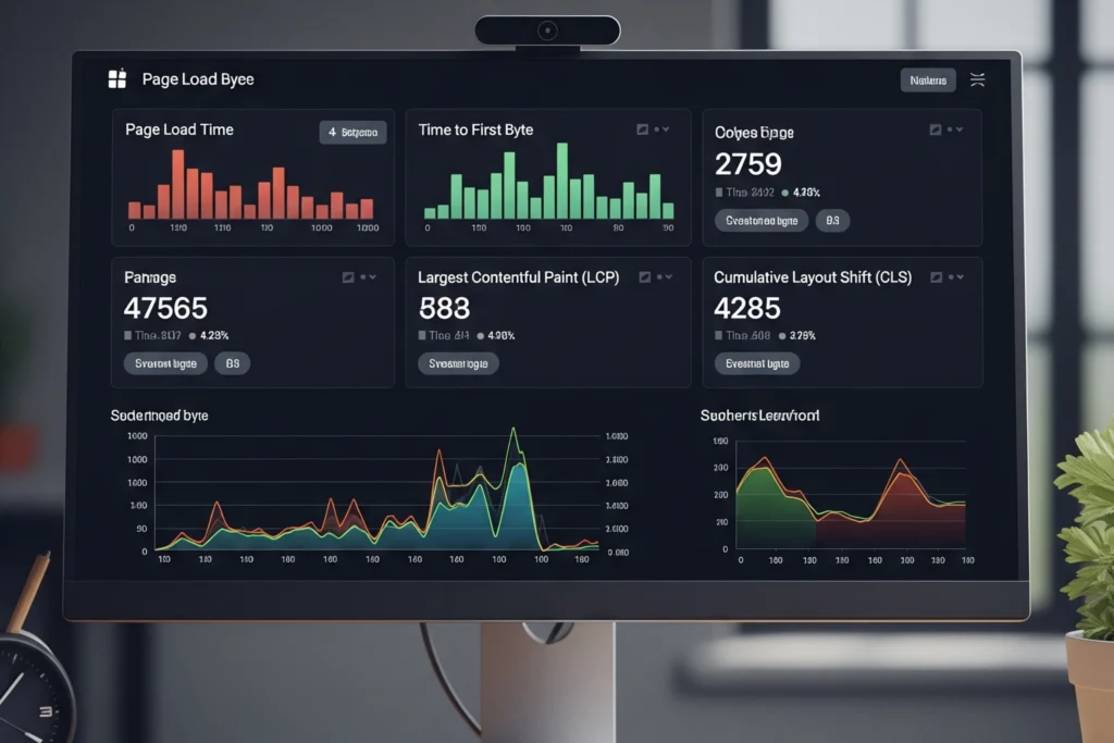 Una pantalla de monitor que muestra un panel de control con gráficos y métricas de rendimiento web, incluyendo tiempo de carga de página, tiempo hasta el primer byte, Largest Contentful Paint (LCP) y Cumulative Layout Shift (CLS)
