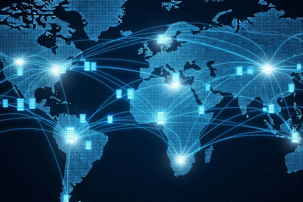 Un mapa mundial estilizado con nodos brillantes y líneas interconectadas que representan servidores globales y el flujo de datos, simbolizando una Red de Distribución de Contenido (CDN)