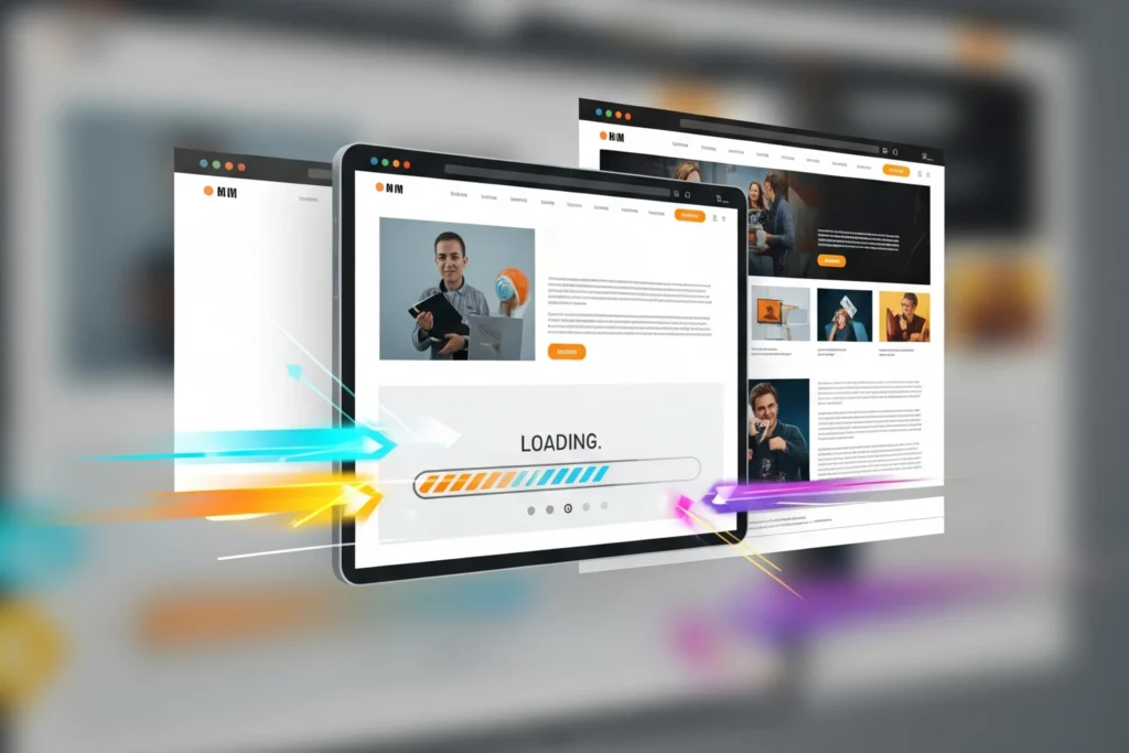Diseño moderno que visualiza el proceso de carga veloz de un sitio web, destacando la transición fluida de una pantalla en blanco a un contenido completo y atractivo.