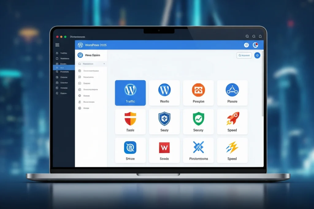 Imagen de un panel de WordPress mostrando plugins esenciales para solucionar bajas ventas online, optimizando tráfico, seguridad y velocidad.