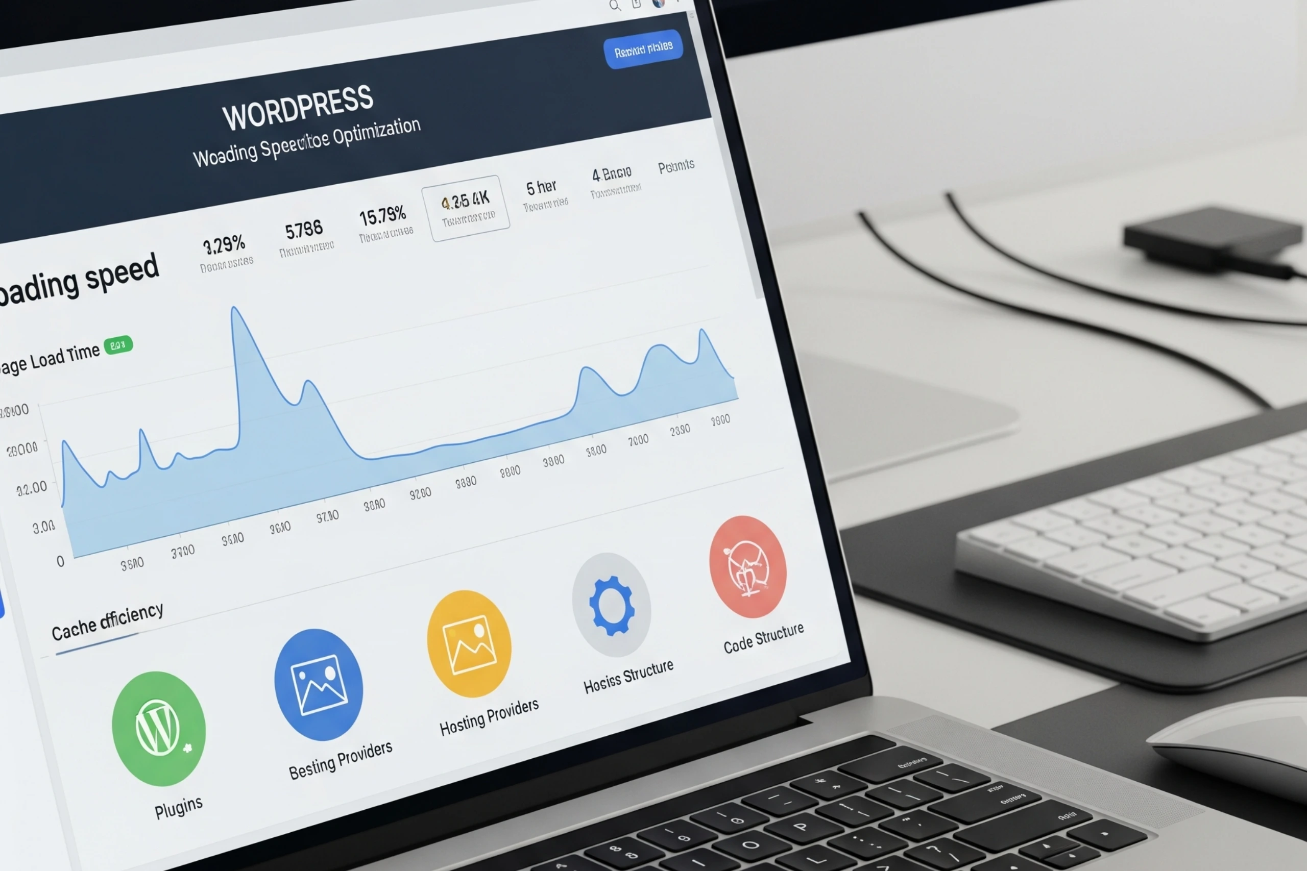 Laptop mostrando un gráfico de velocidad de carga de WordPress con iconos de optimización para plugins, imágenes, hosting y código.