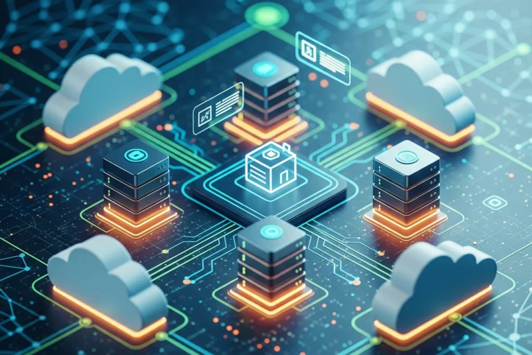 Representación isométrica de una red de alojamiento web en la nube. Varios servidores estilizados y nubes flotan sobre una placa de circuito abstracto con líneas de conexión luminosas. Un icono brillante de una casa simboliza un sitio web central, rodeado de iconos de perfil de usuario y documentos, representando la información y los datos que se almacenan y transmiten a través de la red de hosting.