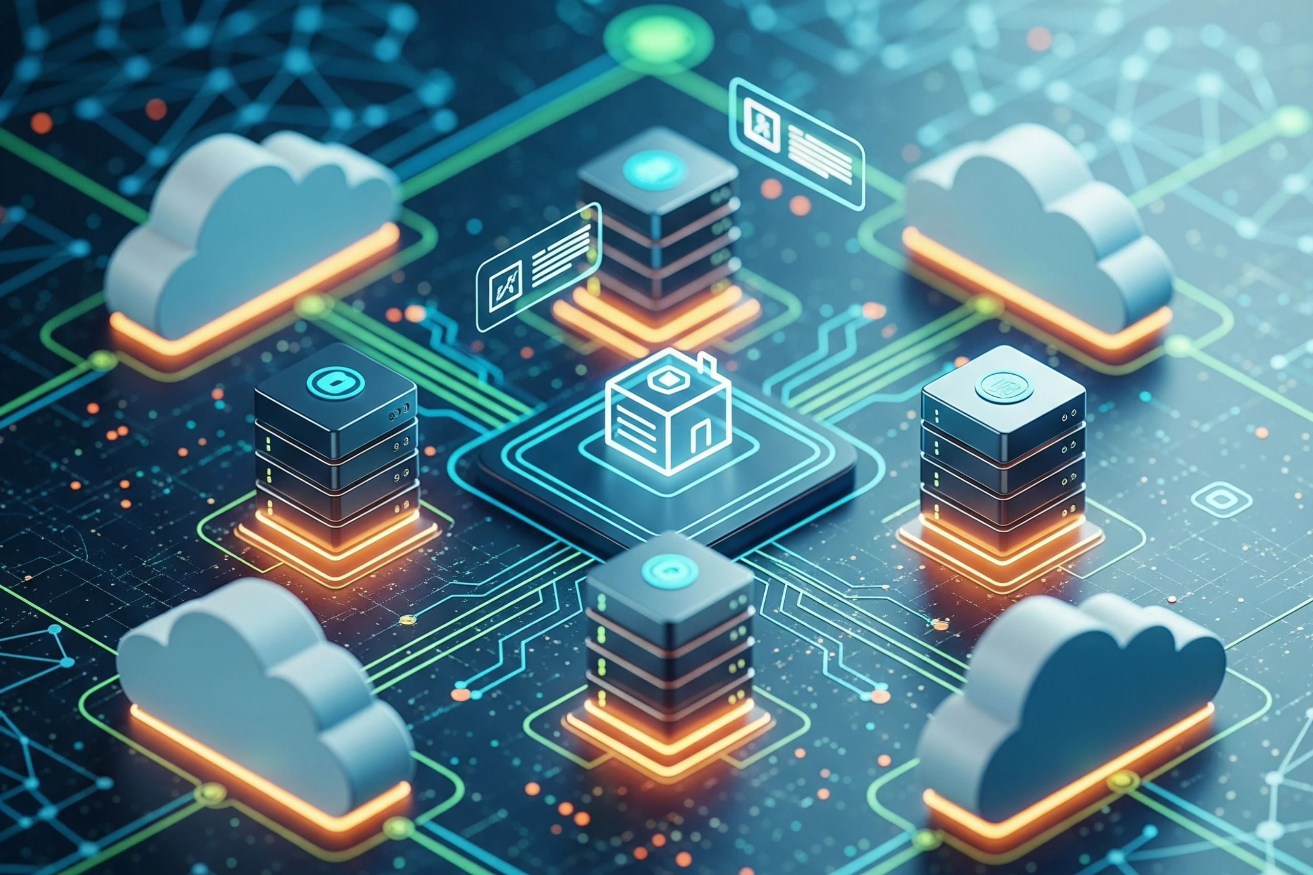 Representación isométrica de una red de alojamiento web en la nube. Varios servidores estilizados y nubes flotan sobre una placa de circuito abstracto con líneas de conexión luminosas. Un icono brillante de una casa simboliza un sitio web central, rodeado de iconos de perfil de usuario y documentos, representando la información y los datos que se almacenan y transmiten a través de la red de hosting.