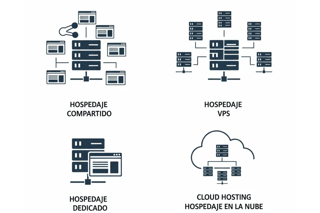La imagen es un infográfico que muestra cuatro tipos de hospedaje web: "Hospedaje Compartido" (varios sitios web en un servidor), "Hospedaje VPS" (un servidor dividido en secciones aisladas), "Hospedaje Dedicado" (un servidor exclusivo para un sitio web) y "Hospedaje en la Nube" (servidores interconectados con un símbolo de nube).