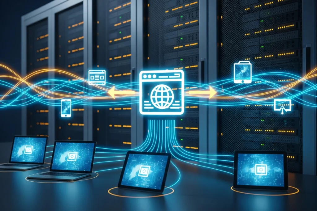 La imagen muestra un centro de datos con filas de servidores y cables luminosos que conectan los servidores a iconos de dispositivos como laptops y smartphones, y a un icono central de un sitio web con un globo terráqueo. Esto simboliza cómo el hosting web permite que los sitios web sean accesibles en línea desde diferentes dispositivos.