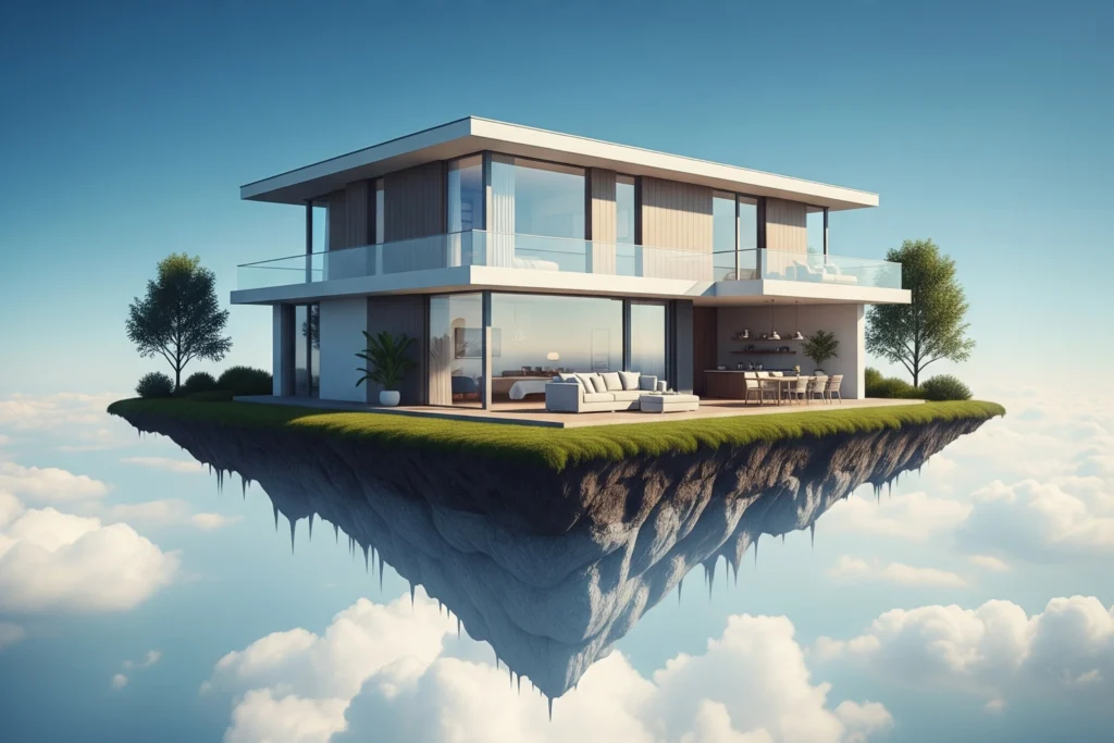 Una moderna casa minimalista se alza precariamente sobre una isla flotante y escarpada de tierra y césped, suspendida en lo alto sobre un suave paisaje de nubes blancas bajo un cielo azul despejado. La casa, con sus líneas limpias y grandes ventanales de cristal, contrasta con la textura cruda y desigual de la masa de tierra que la sostiene.