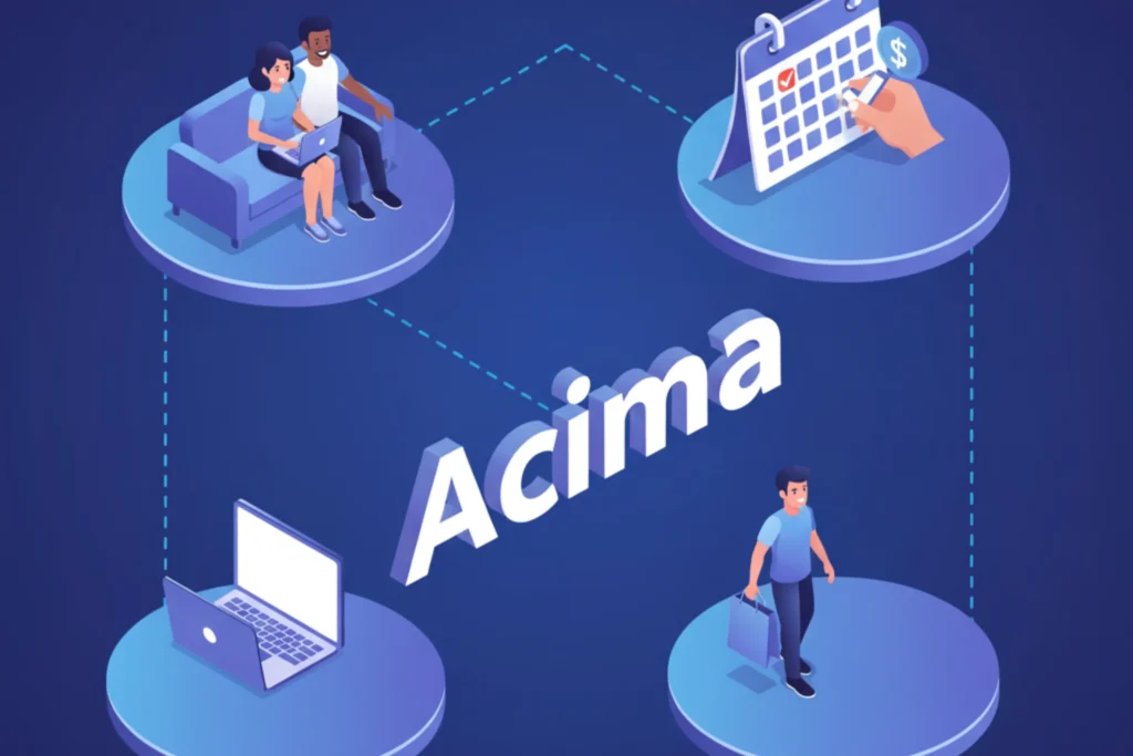 Ilustración isométrica que representa a Acima como una solución para clientes con crédito limitado. Un cliente cruza un puente incompleto gracias a la plataforma de Acima, superando la 'barrera del crédito' para poder adquirir un electrodoméstico, simbolizando la inclusión y la oportunidad de compra.