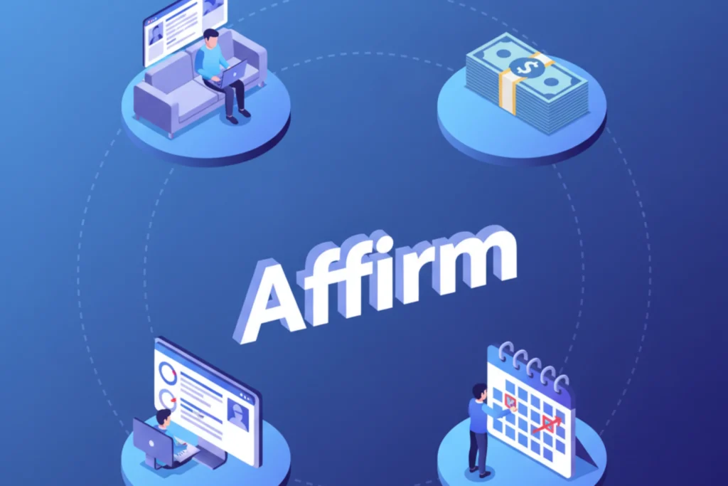 Ilustración isométrica que rodea el logo de Affirm con elementos clave de su servicio: un cliente comprando un mueble en línea (simbolizando productos de alto valor), pilas de dinero y un calendario detallado de pagos, representando planes de financiamiento flexible y adaptado.