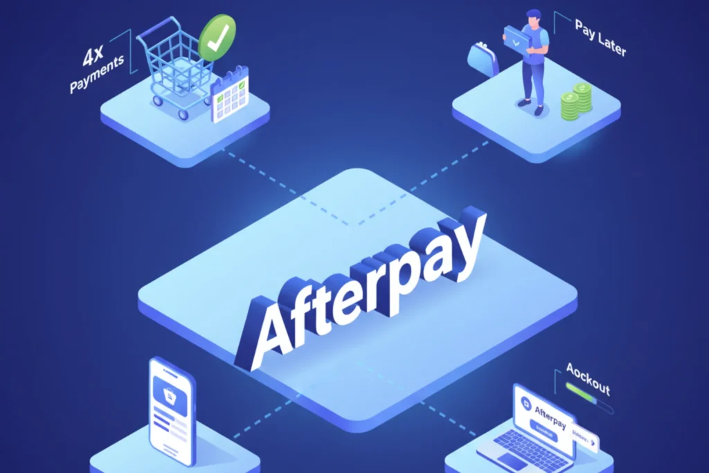 Ilustración isométrica que explica el concepto 'Compra Ahora, Paga Después'. Un cliente satisfecho recibe su producto mientras un icono de calendario visualiza cómo el pago total se divide en cuatro cuotas más pequeñas, simbolizando la flexibilidad financiera que ofrecen servicios como Afterpay.