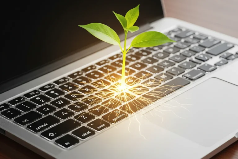 Planta creciendo desde un teclado de portátil, una metáfora visual sobre cómo conseguir tus primeros clientes y el crecimiento de un nuevo negocio online.