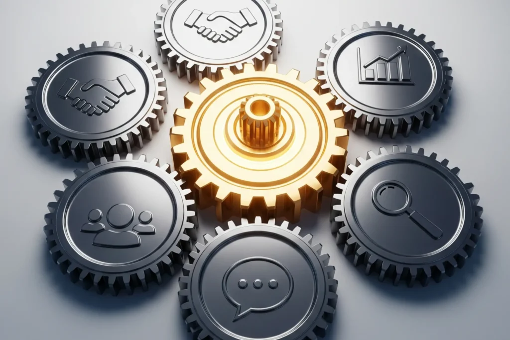Combinación de estrategias de marketing digital funcionando en sinergia, visualizado como un engranaje central dorado impulsado por engranajes de SEO, anuncios y networking.