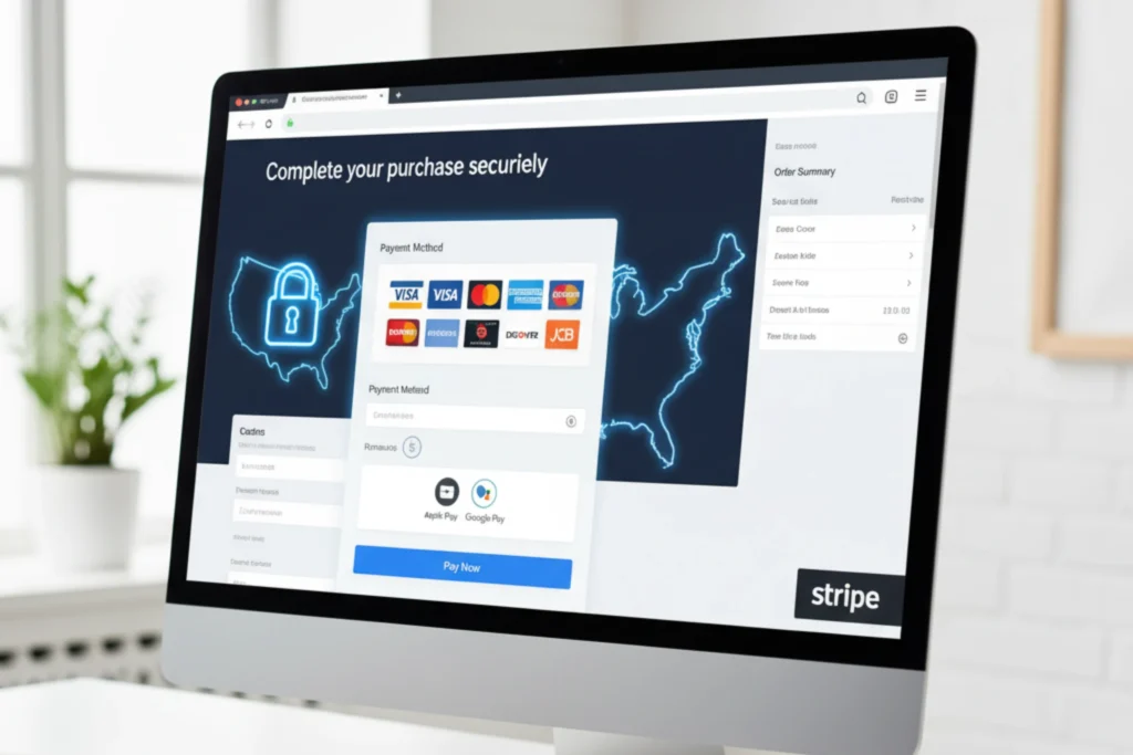 Monitor de computadora mostrando una página web de pago seguro con el logo de Stripe, logos de tarjetas de crédito y carteras digitales (Apple Pay, Google Pay) sobre un mapa esquemático de EE. UU., con manos usando teclado y ratón.