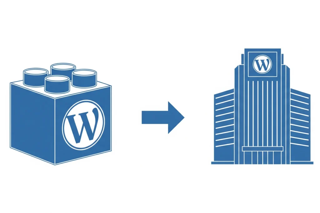 Mito de WordPress desmentido: una ilustración que muestra la idea errónea de WordPress como un juguete (un bloque) transformada en la realidad de una plataforma profesional (un edificio corporativo).