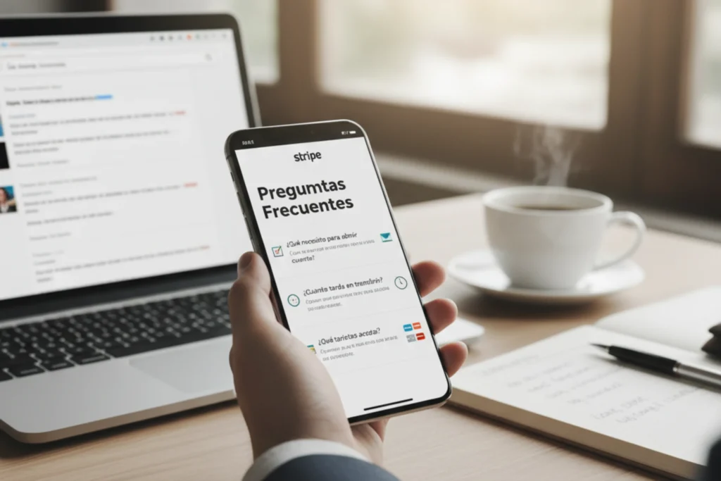 Primer plano de una mano sosteniendo un smartphone que muestra una interfaz de "Preguntas Frecuentes" sobre Stripe, con un portátil, cuaderno y taza de café en un escritorio de oficina de fondo.