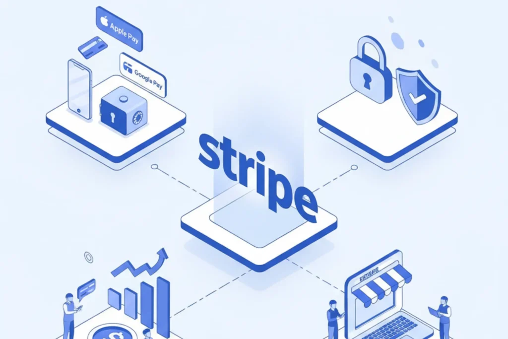 Ilustración isométrica que presenta a Stripe como una plataforma central que conecta una tienda online con sus clientes. Se destacan iconos de pagos móviles como Apple Pay y Google Pay, así como un candado, simbolizando su facilidad de integración, modernidad y alto nivel de seguridad.