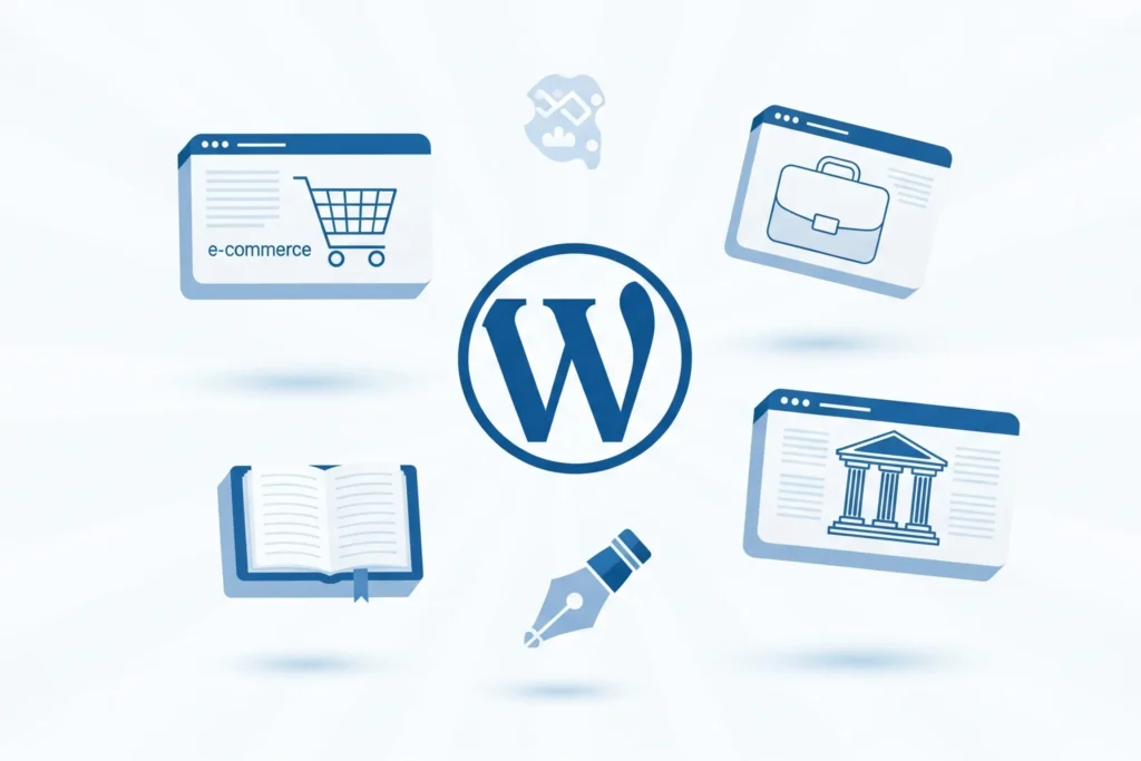 Ilustración del ecosistema de WordPress, mostrando su logo central rodeado de iconos de e-commerce, blogs y sitios web corporativos.