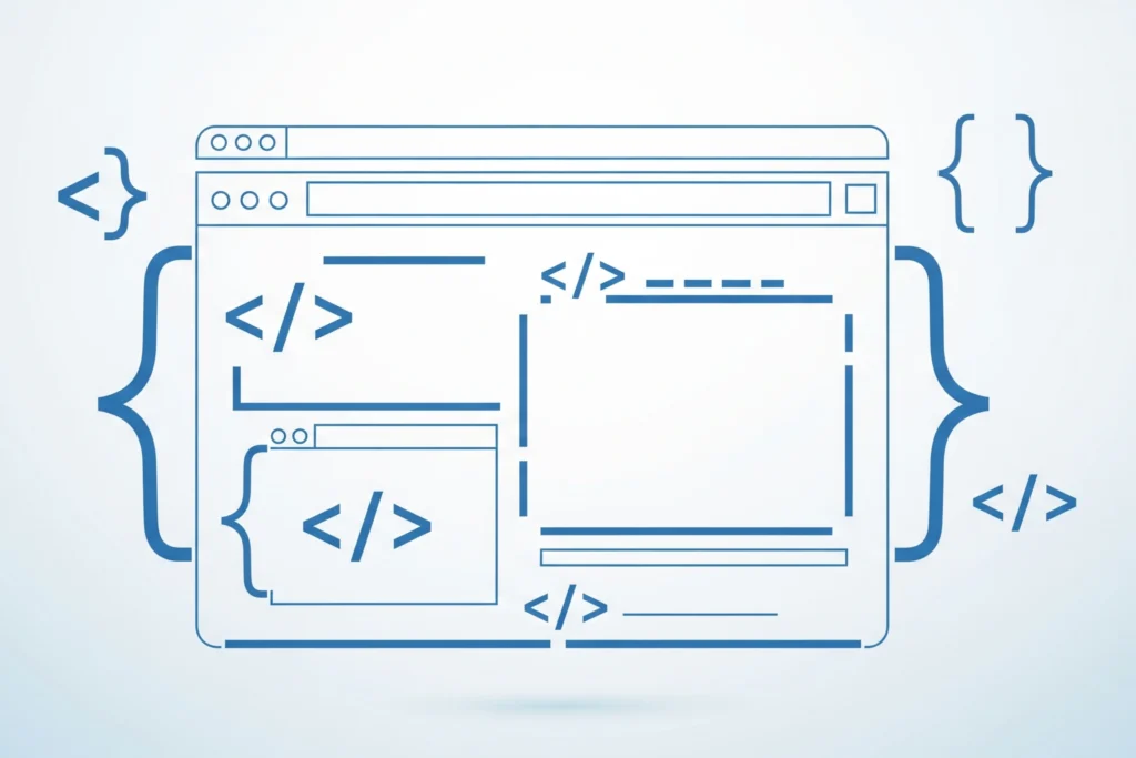 Ilustración que representa la programación a medida, con símbolos de código HTML y CSS formando el esqueleto de una página web.