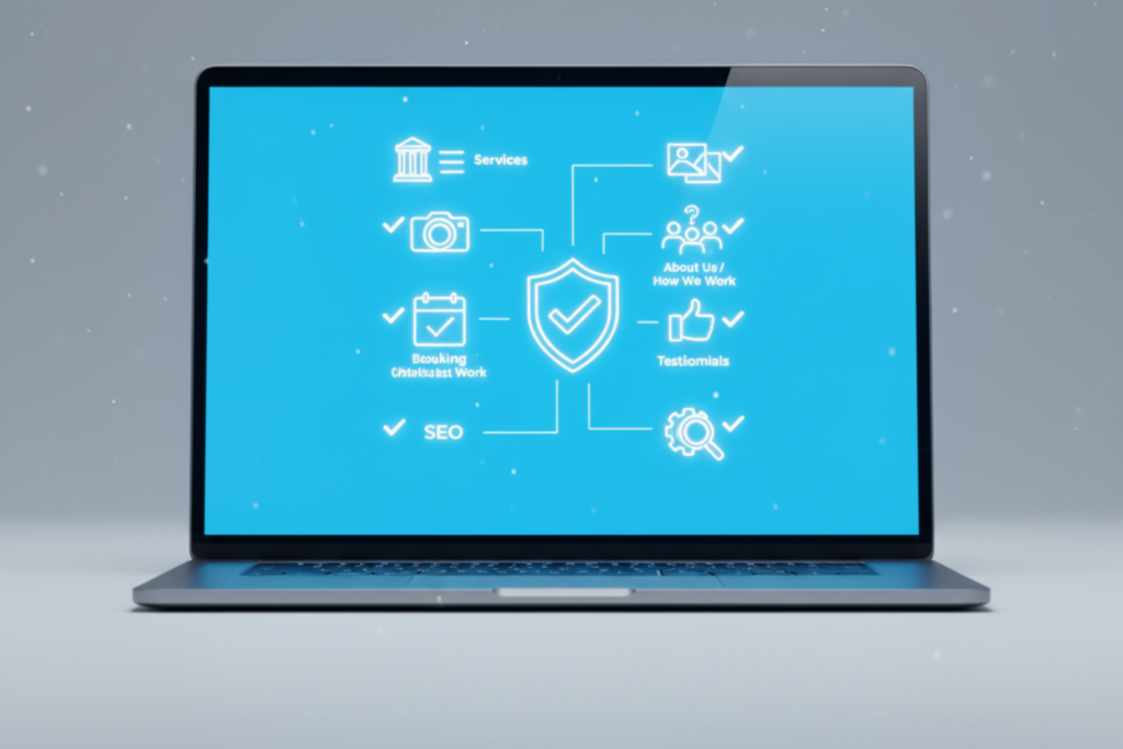 Representación visual del checklist mínimo para una web de servicios, con iconos simbolizando portafolio, contacto y testimonios.