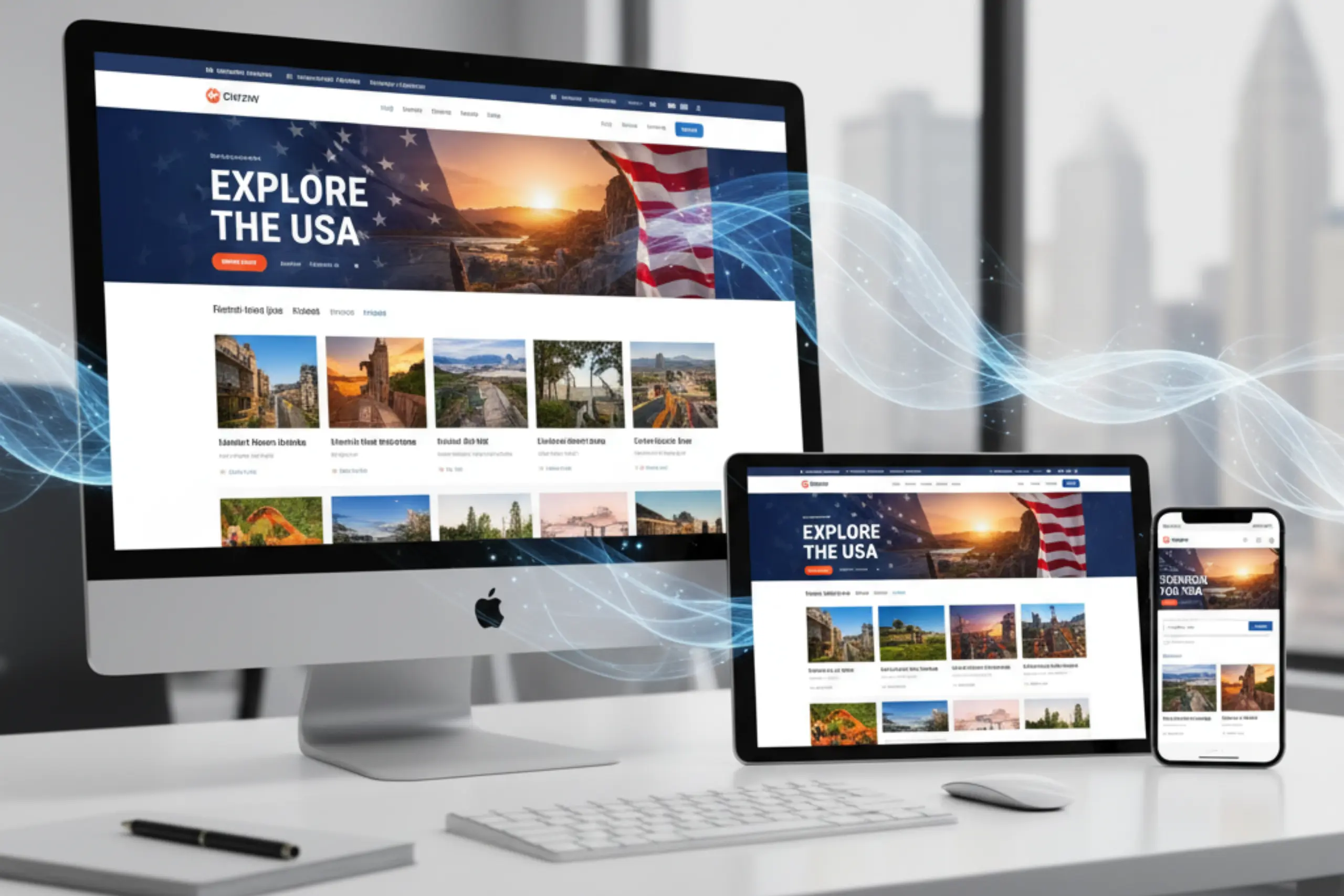 Un sitio web con diseño responsive sobre viajes en Estados Unidos, viéndose de forma correcta en una pantalla de computador, tablet y smartphone.