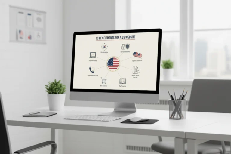 Infografía en una pantalla de computador que muestra los 10 elementos clave de una página web para Estados Unidos.
