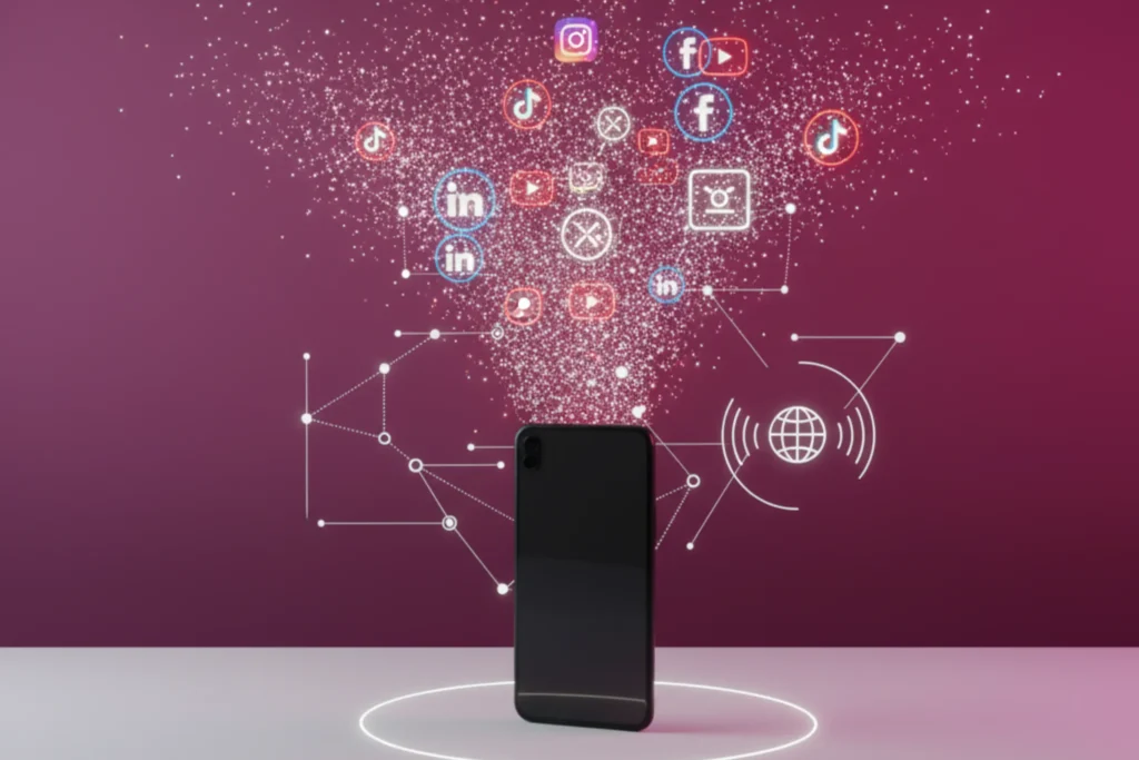 Representación visual de las redes sociales como motor de visibilidad y conexión, mostrando un smartphone como núcleo de una comunidad conectada.