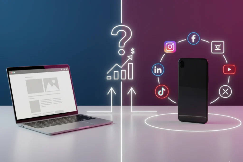 Comparación visual minimalista entre página web y redes sociales para inversión de negocio