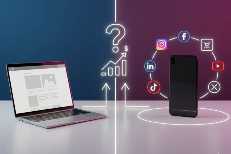 Comparación visual minimalista entre página web y redes sociales para inversión de negocio