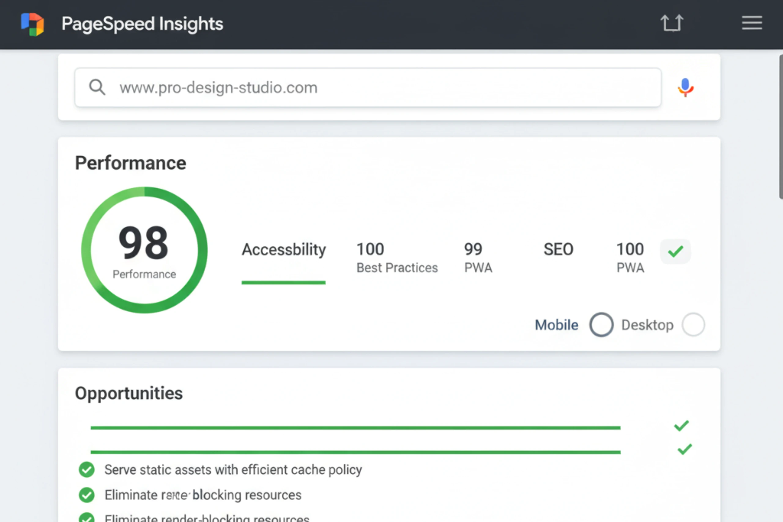 Captura de pantalla de Google PageSpeed Insights mostrando una puntuación de rendimiento de 98 para una web optimizada.
